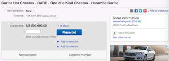 People Are Bidding 100 000 On Ebay For A Cheeto Shaped Like Harambe According to twitter, the bidding started at $11.99. ebay for a cheeto shaped like harambe