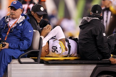 CINCINNATI, OH - DECEMBER 04: Ryan Shazier #50 of the Pittsburgh Steelers reacts as he is carted off...