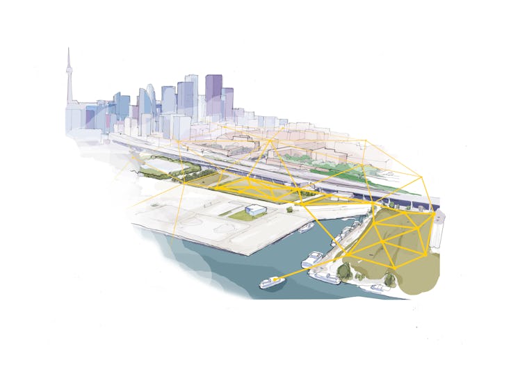 Yellow geodesic-style lines that present Sidewalk Labs' array 