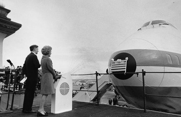 First Lady Pat Nixon ushered in the era of jumbo jets by christening the first commercial 747 in 197...