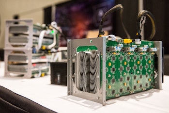 NEW YORK, NY - APRIL 07: Bitcoin mining hardware is displayed at a Bitcoin conference on at the Javi...