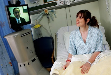 A member of the St Mary's Hospital medical staff operates the Sister Mary RP6 (Remote Presence Robot...