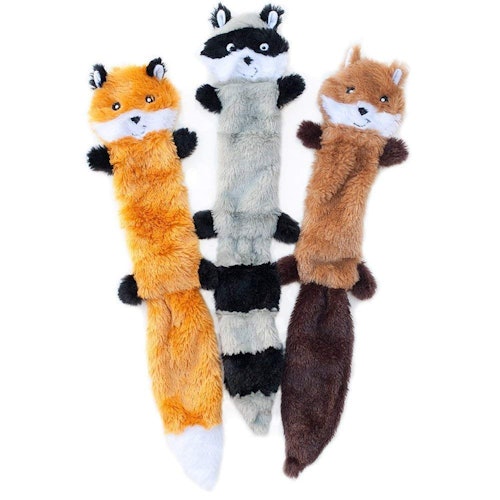 ZippyPaws Skinny Peltz No Stuffing Squeaky Plush Dog Toy, Fox, Raccoon, and Squirrel