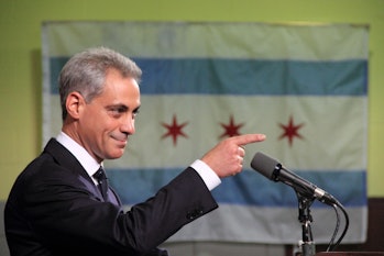 Rahm Emanuel, Pointing, With Chicago Flag in Background