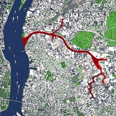 Map of Newtwon Creek flowing through Brooklyn and Queens