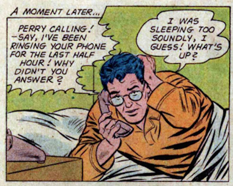 Superman talking on a phone while lying in his bed