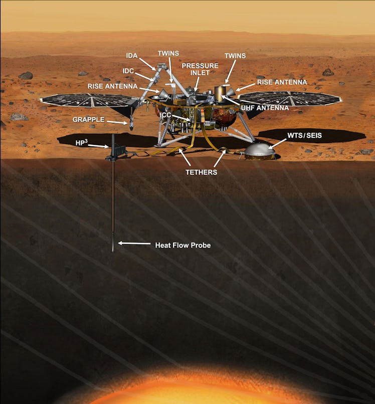This artist's concept from August 2015 depicts NASA's InSight Mars lander fully deployed for studyin...