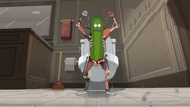 Pickle Rick emerges from the sewers and into a random paramilitary compound on 'Rick and Morty'.