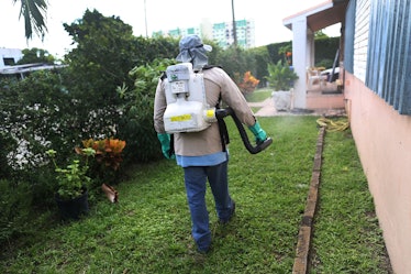 MIAMI, FL - OCTOBER 14: Joseph Blackman, a Miami-Dade County mosquito control inspector, uses a spra...