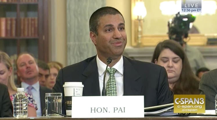 FCC chair Ajit Pai plays along with Senator Ted Cruz's friendly line of questioning on Thursday.