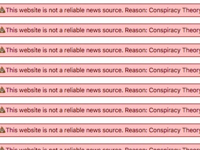 Eight red error messages on the white background that say that a certain page is not a reliable news...