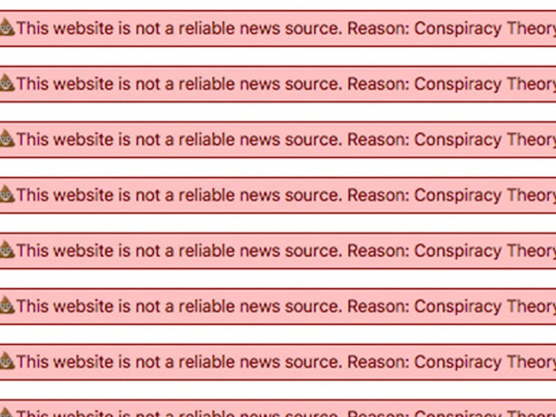 Eight red error messages on the white background that say that a certain page is not a reliable news...