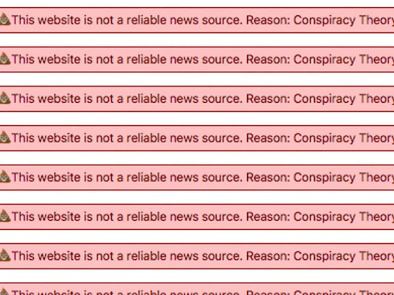 Eight red error messages on the white background that say that a certain page is not a reliable news...