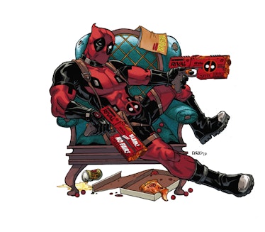 Deadpool likes pizza, beer, and Nerf guns that say Rival on them.