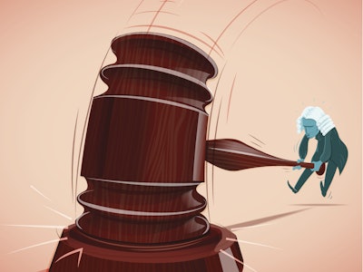 An illustration of a judge slamming down a giant gavel