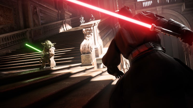 Yoda fighting Darth Maul in "Star Wars Battlefront 2"