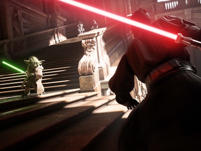 Yoda fighting Darth Maul in "Star Wars Battlefront 2"