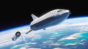 In this artist's image released by SpaceX in September 2018, the BFR -- now known as Starship -- sep...