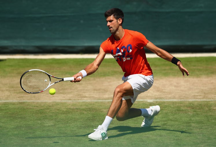 LONDON, ENGLAND - JULY 02: Novak Djokovic of Serbia in action during practice ahead of the Wimbledon...