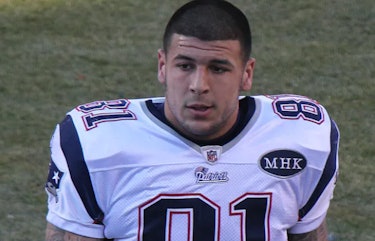Aaron Hernandez in 2011. The NFL player suffered from extreme CTE, brain scans confirmed after his s...