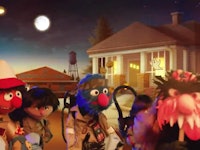 Sesame Street characters on a street in a scene