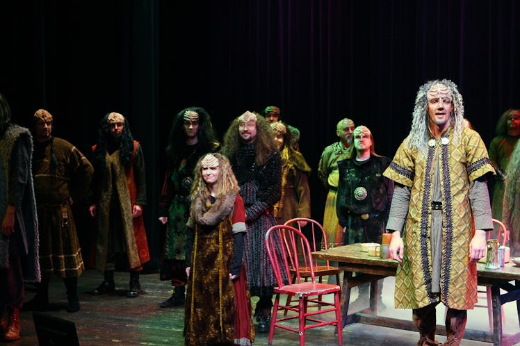 A scene from the Klingon 'Christmas Carol' with a lot of characters