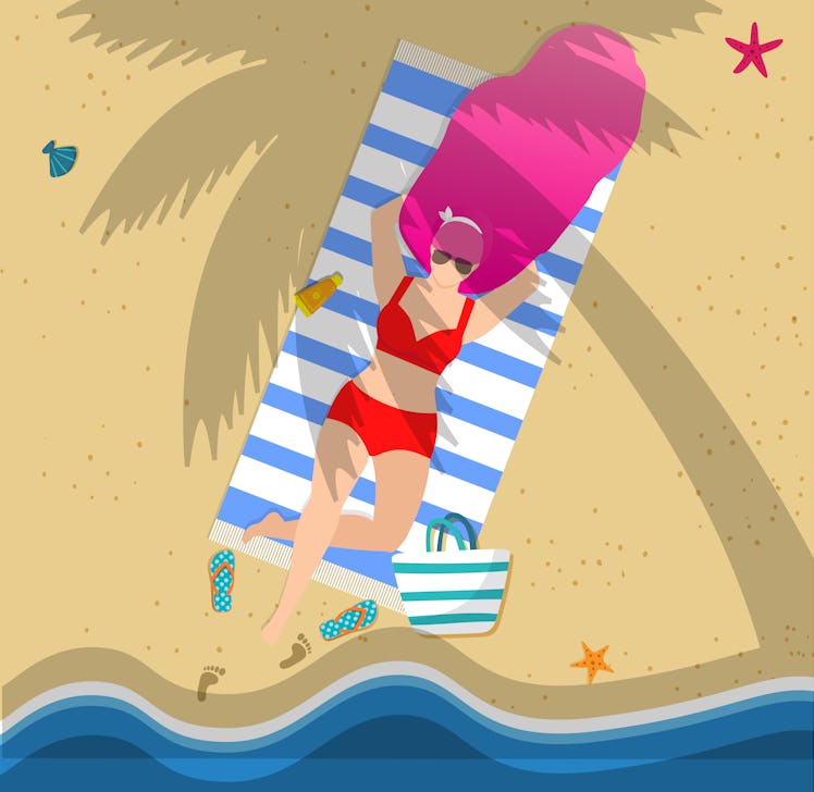 Illustration of a woman lying on a sand beach under a palm tree