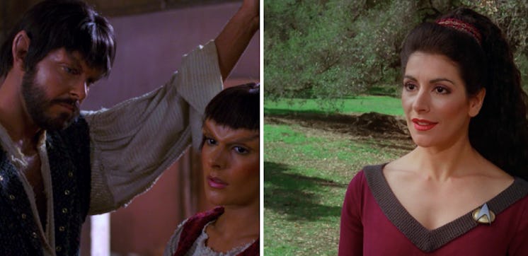 RIGHT: Riker and Troi disguised as Mintakans in 'Who Watches the Watchers" (1989). LEFT: Troi as she...