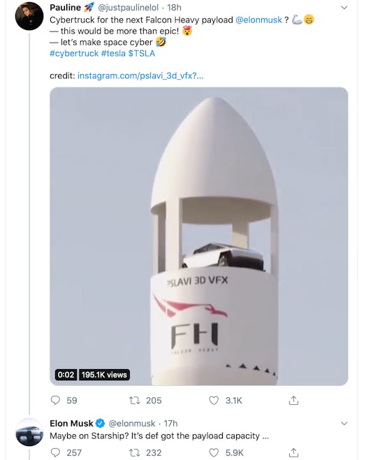 Elon Musk weighs in on the Cybertruck in space.