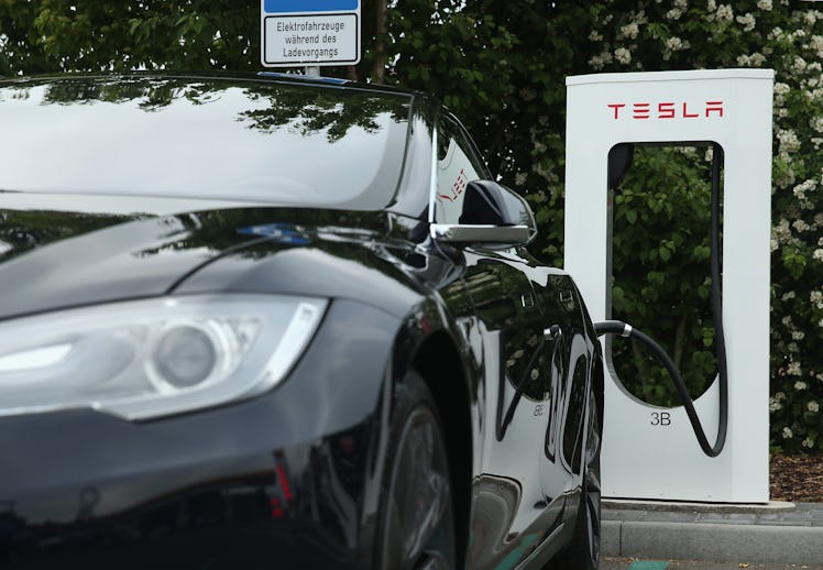 A Tesla vehicle charging up.