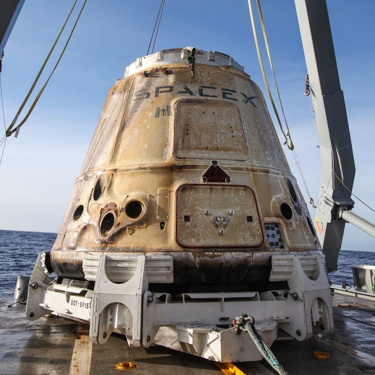 The SpaceX Dragon capsule on Saturday, January 13, 2018 on a ship in the Pacific Ocean, filled with ...