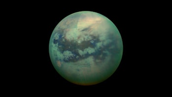Titan, as photographed by the Cassini–Huygens mission in 2005.