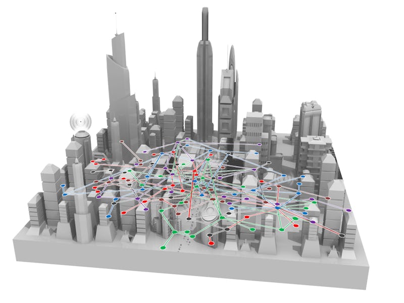 A digital 3D map of a city with a simulation of how the DARPA A.I. wants to control all out wireless...