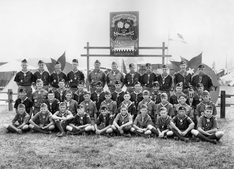 Orange County Boy Scouts posing for a photo at the 1957 National Jamboree in Mount Vernon