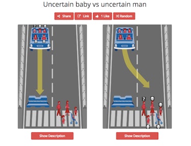 An illustration presenting a car on a street and uncertain men vs uncertain babies 