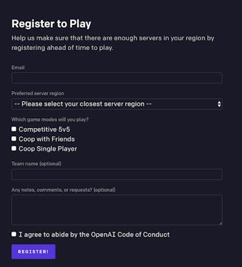 openai five register to play