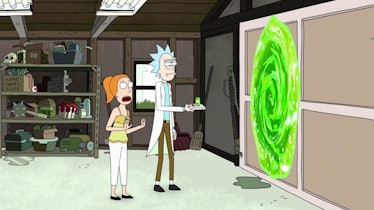 Summer and Rick use the portal gun inside the Smith family garage.