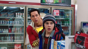 Freddy (Jack Dylan Grazer) and Shazam (Zachary Levi) in convenience store scene in 'Shazam!'