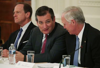 Ted Cruz smirking at the camera during a meeting