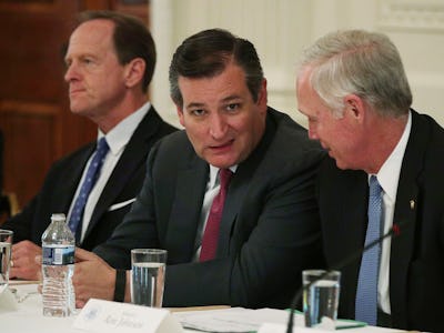 Ted Cruz smirking at the camera during a meeting