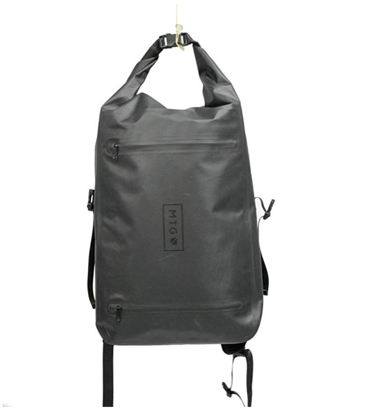 A grey waterproof backpack