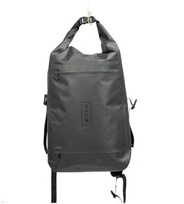 A grey waterproof backpack