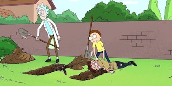 Rick and Morty bury their own bodies and take over in an alternate timeline where that's possible.