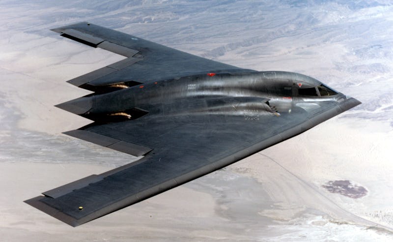 A screenshot of a footage showing a futuristic B-21 Bomber