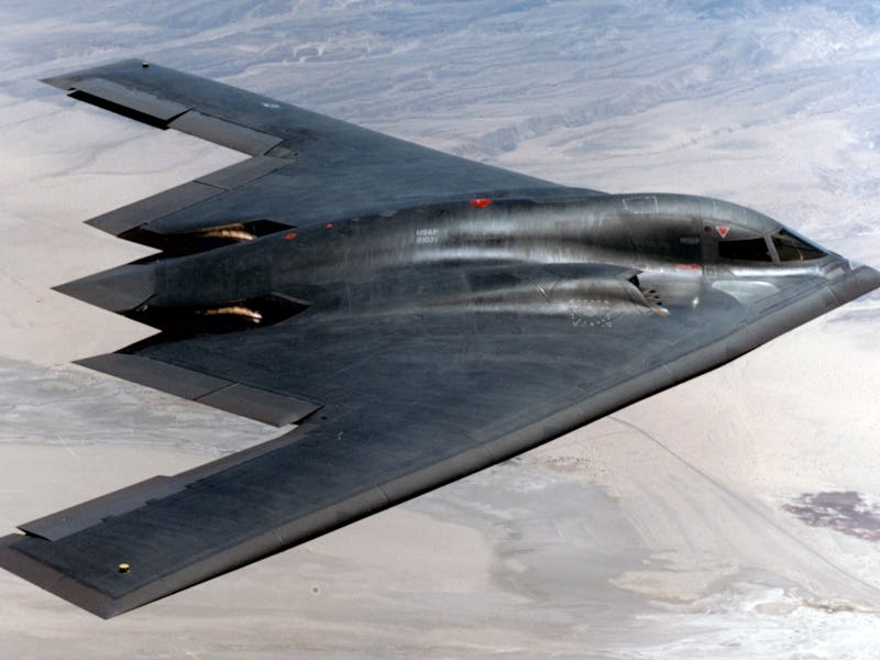 A screenshot of a footage showing a futuristic B-21 Bomber