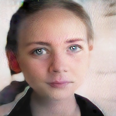 An AI generated face of a girl with brown hair and green eyes