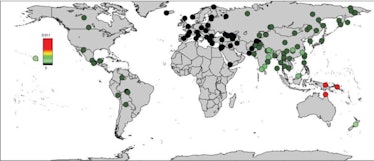 This map shows the proportion of the genome inferred to be Denisovan in ancestry in diverse non-Afri...