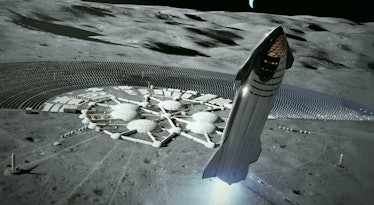 An artist's rendering of the SpaceX starship near a base on the moon.