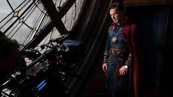 Benedict Cumberbatch in costume as Doctor Strange on the set of 'Doctor Strange'