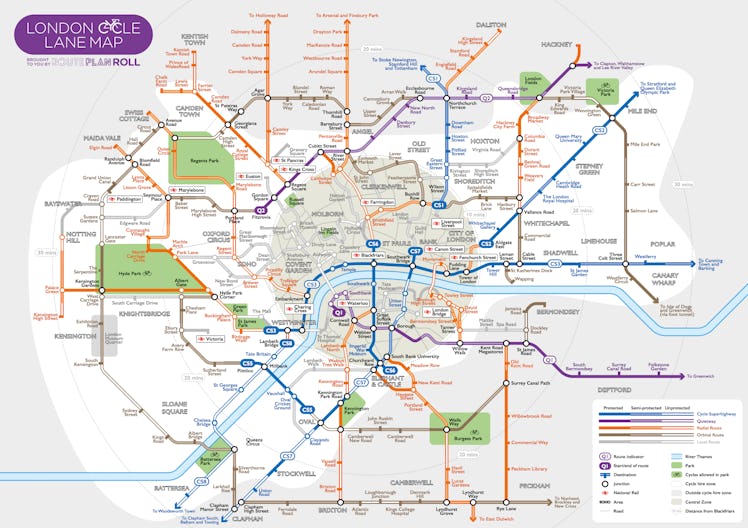 London's cycle network, in the style of the London Underground map.